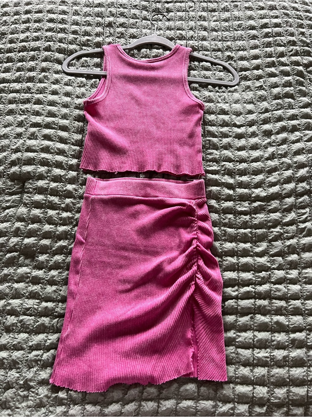 Mystique Boutique Hot Pink Ribbed Crop Tank and Ruched Skirt Set